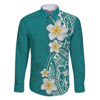 Plumeria Family Matching Off The Shoulder Long Sleeve Dress and Hawaiian Shirt Polynesian Tribal Frangipani Teal LT03 Dad's Shirt - Long Sleeve Teal - Polynesian Pride