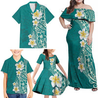 Plumeria Family Matching Off Shoulder Maxi Dress and Hawaiian Shirt Polynesian Tribal Frangipani Teal LT03 - Polynesian Pride