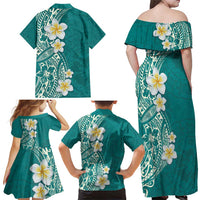 Plumeria Family Matching Off Shoulder Maxi Dress and Hawaiian Shirt Polynesian Tribal Frangipani Teal LT03 - Polynesian Pride