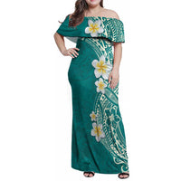 Plumeria Family Matching Off Shoulder Maxi Dress and Hawaiian Shirt Polynesian Tribal Frangipani Teal LT03 Mom's Dress Teal - Polynesian Pride