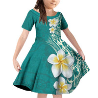 Plumeria Family Matching Off Shoulder Short Dress and Hawaiian Shirt Polynesian Tribal Frangipani Teal LT03 Daughter's Dress Teal - Polynesian Pride