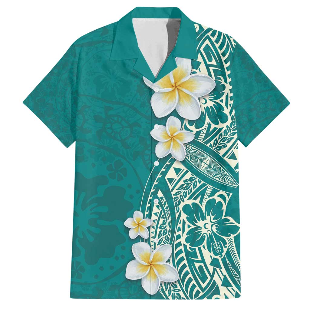 Plumeria Family Matching Off Shoulder Short Dress and Hawaiian Shirt Polynesian Tribal Frangipani Teal LT03 Dad's Shirt - Short Sleeve Teal - Polynesian Pride
