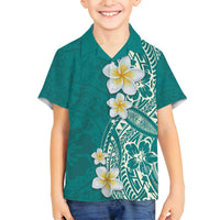 Plumeria Family Matching Off Shoulder Short Dress and Hawaiian Shirt Polynesian Tribal Frangipani Teal LT03 Son's Shirt Teal - Polynesian Pride