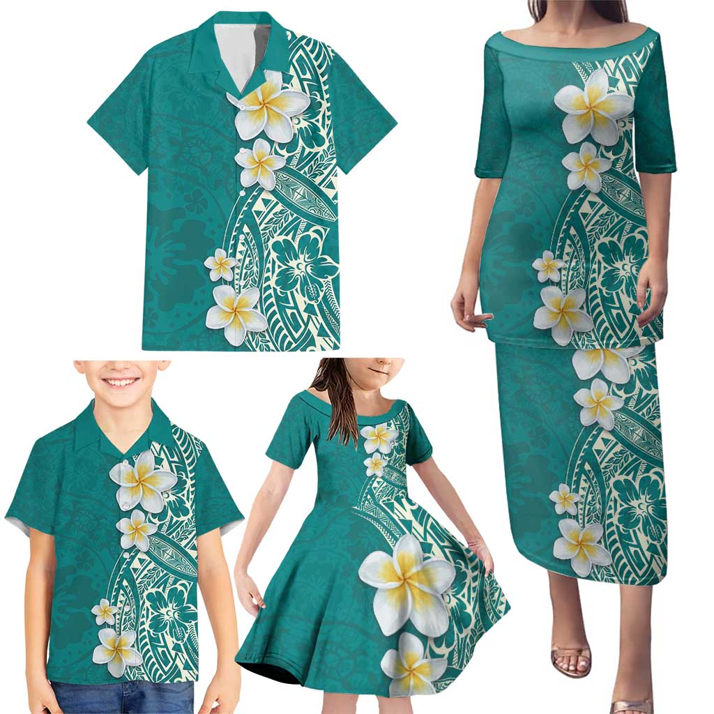 Plumeria Family Matching Puletasi and Hawaiian Shirt Polynesian Tribal Frangipani Teal LT03 - Polynesian Pride
