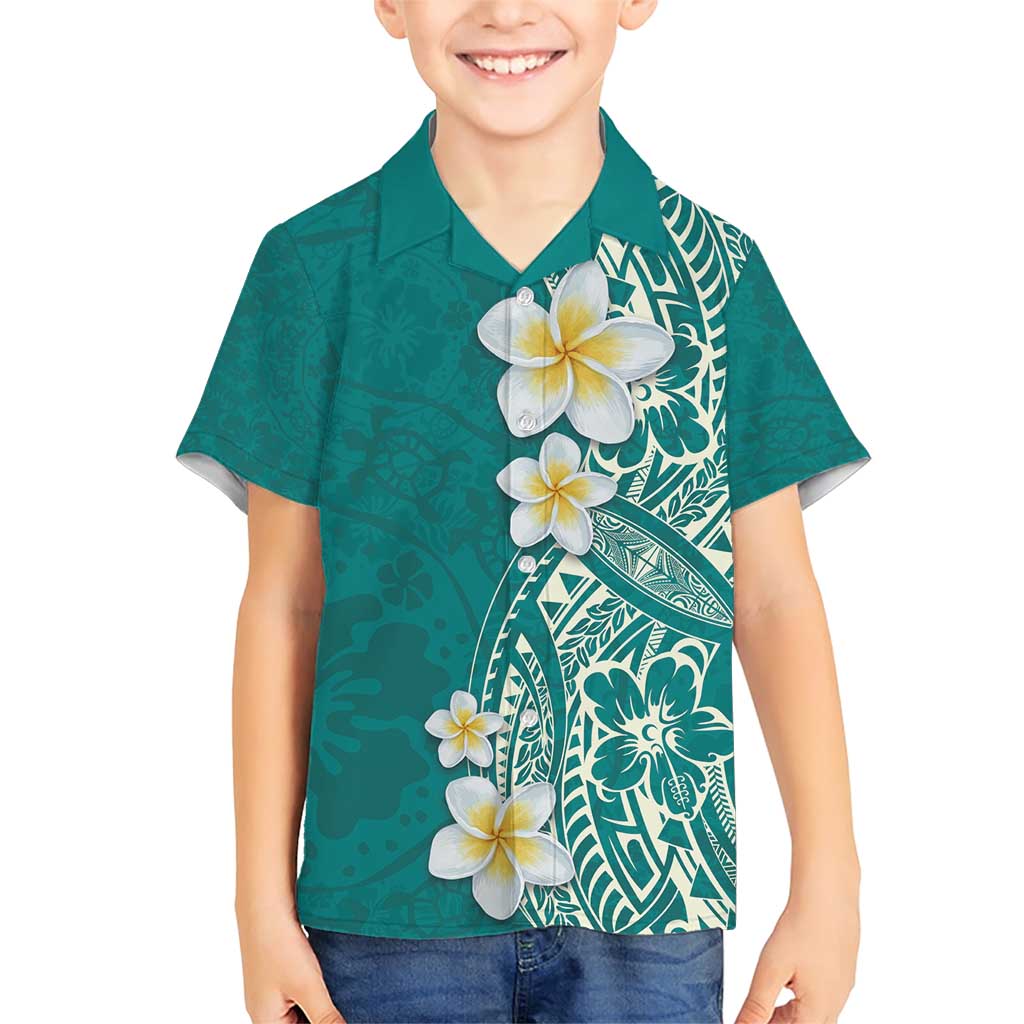 Plumeria Family Matching Short Sleeve Bodycon Dress and Hawaiian Shirt Polynesian Tribal Frangipani Teal LT03 Son's Shirt Teal - Polynesian Pride