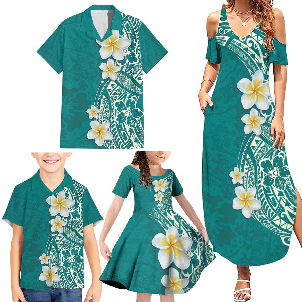Plumeria Family Matching Summer Maxi Dress and Hawaiian Shirt Polynesian Tribal Frangipani Teal LT03 - Polynesian Pride