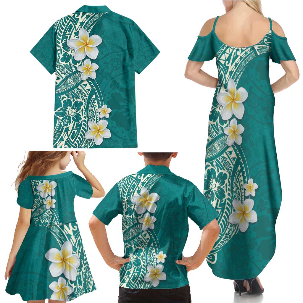 Plumeria Family Matching Summer Maxi Dress and Hawaiian Shirt Polynesian Tribal Frangipani Teal LT03 - Polynesian Pride