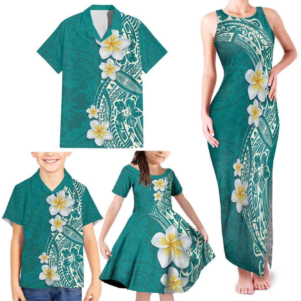 Plumeria Family Matching Tank Maxi Dress and Hawaiian Shirt Polynesian Tribal Frangipani Teal LT03 - Polynesian Pride