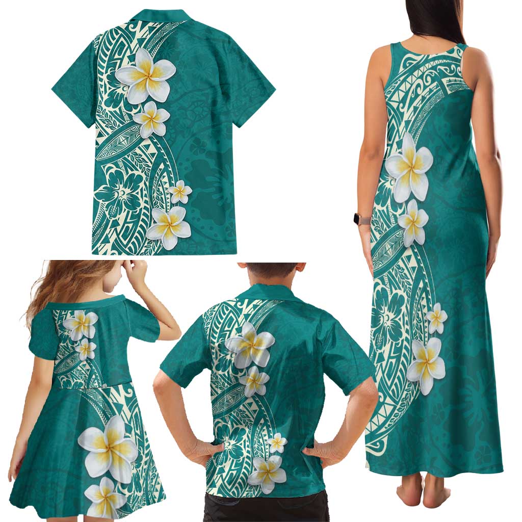 Plumeria Family Matching Tank Maxi Dress and Hawaiian Shirt Polynesian Tribal Frangipani Teal LT03 - Polynesian Pride