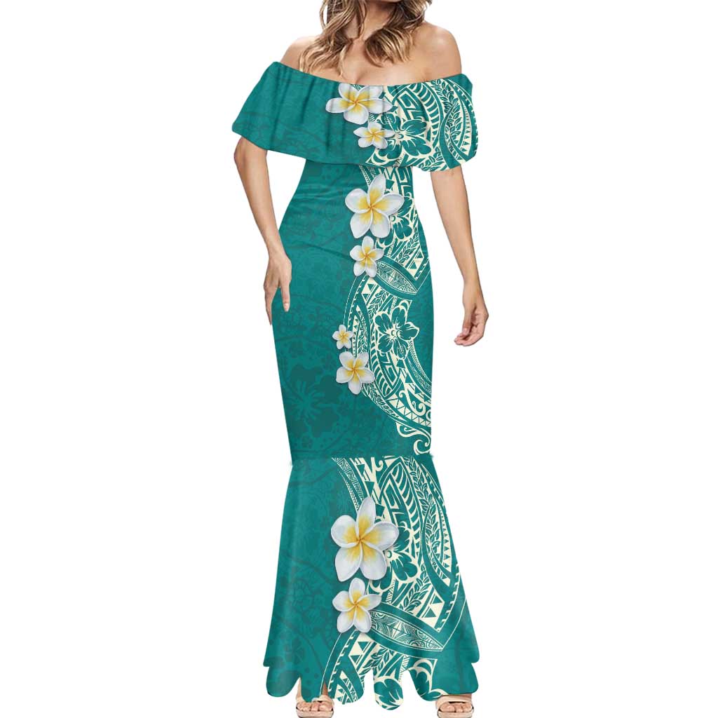 Plumeria Mermaid Dress Polynesian Tribal Frangipani Teal LT03 - Polynesian Pride
