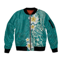 Plumeria Sleeve Zip Bomber Jacket Polynesian Tribal Frangipani Teal LT03 Unisex Teal - Polynesian Pride