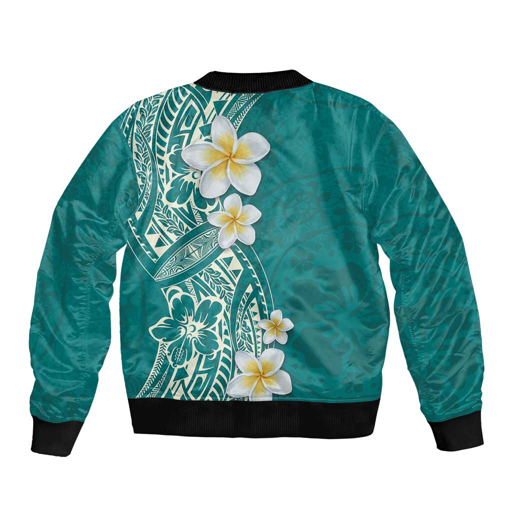 Plumeria Sleeve Zip Bomber Jacket Polynesian Tribal Frangipani Teal LT03 - Polynesian Pride