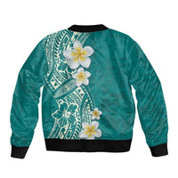 Plumeria Sleeve Zip Bomber Jacket Polynesian Tribal Frangipani Teal LT03 - Polynesian Pride