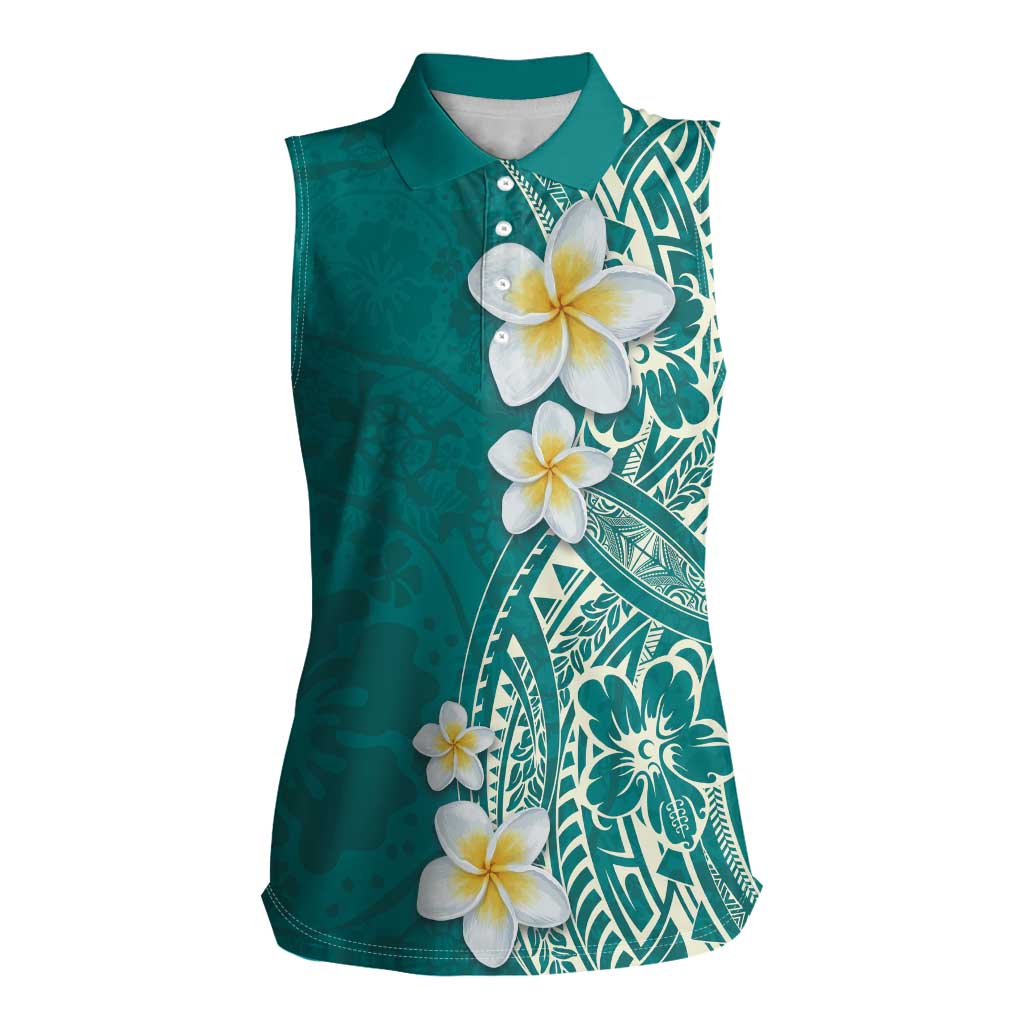 Plumeria Women Sleeveless Polo Shirt Polynesian Tribal Frangipani Teal LT03 Female Teal - Polynesian Pride