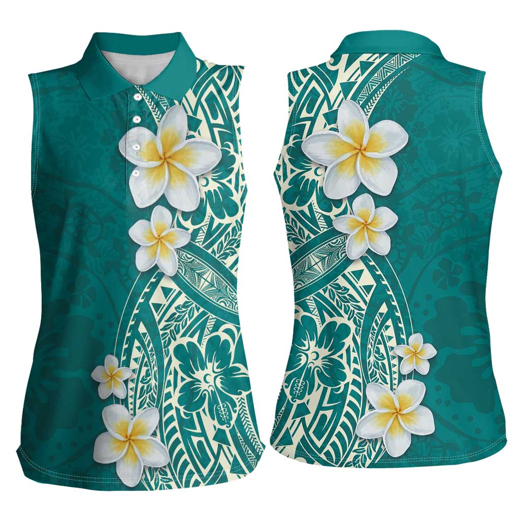 Plumeria Women Sleeveless Polo Shirt Polynesian Tribal Frangipani Teal LT03 - Polynesian Pride