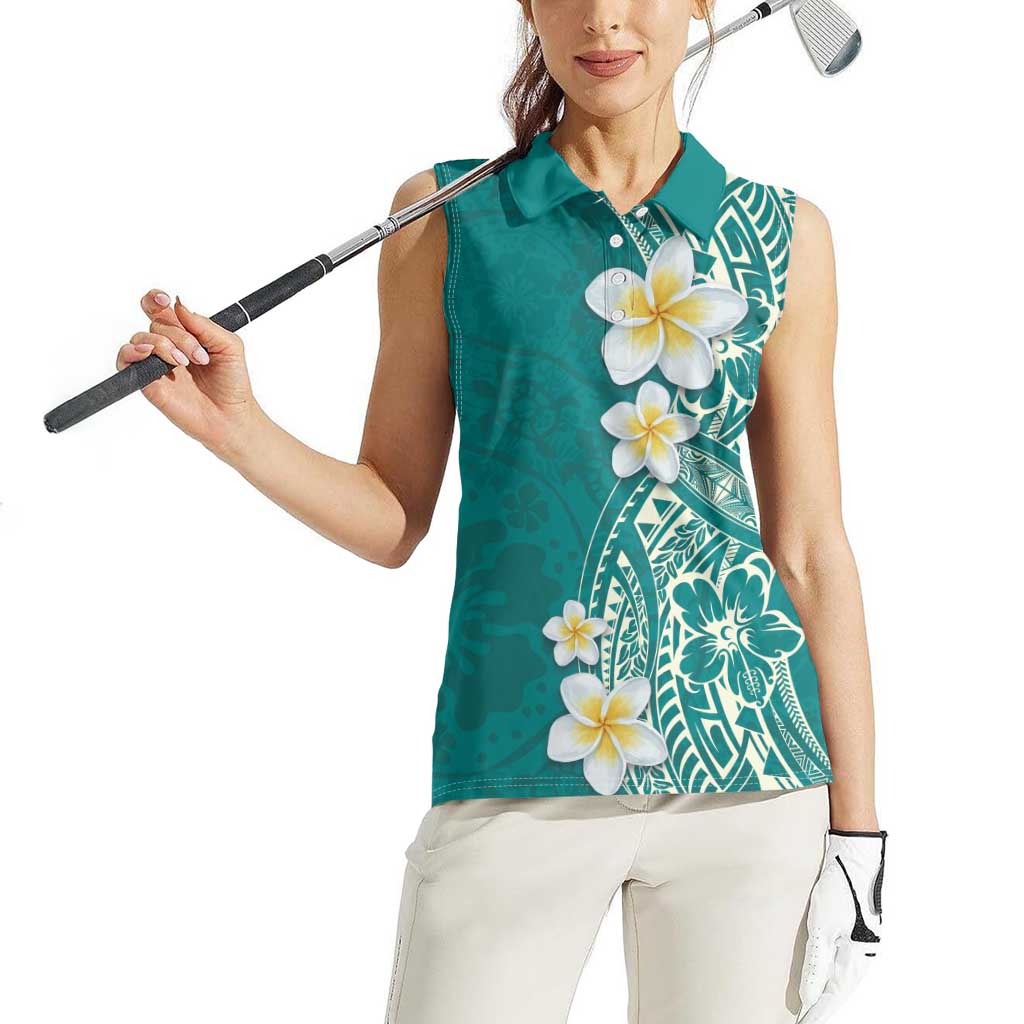 Plumeria Women Sleeveless Polo Shirt Polynesian Tribal Frangipani Teal LT03 - Polynesian Pride