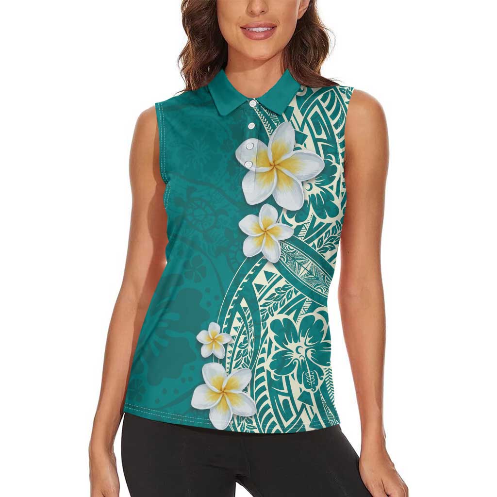Plumeria Women Sleeveless Polo Shirt Polynesian Tribal Frangipani Teal LT03 - Polynesian Pride
