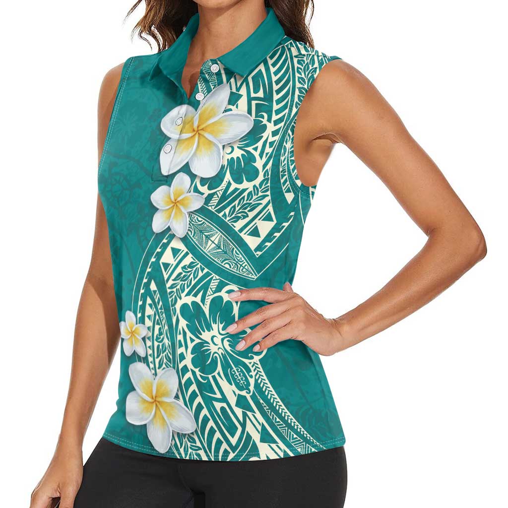 Plumeria Women Sleeveless Polo Shirt Polynesian Tribal Frangipani Teal LT03 - Polynesian Pride