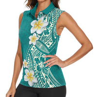 Plumeria Women Sleeveless Polo Shirt Polynesian Tribal Frangipani Teal LT03 - Polynesian Pride