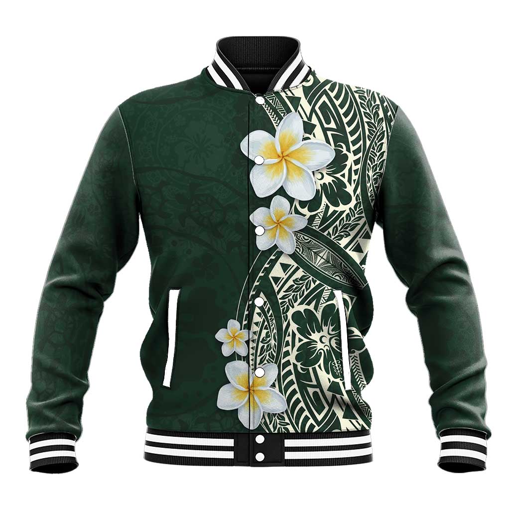 Plumeria Baseball Jacket Polynesian Tribal Frangipani Green