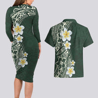 Plumeria Couples Matching Long Sleeve Bodycon Dress and Hawaiian Shirt Polynesian Tribal Frangipani Green LT03 - Polynesian Pride