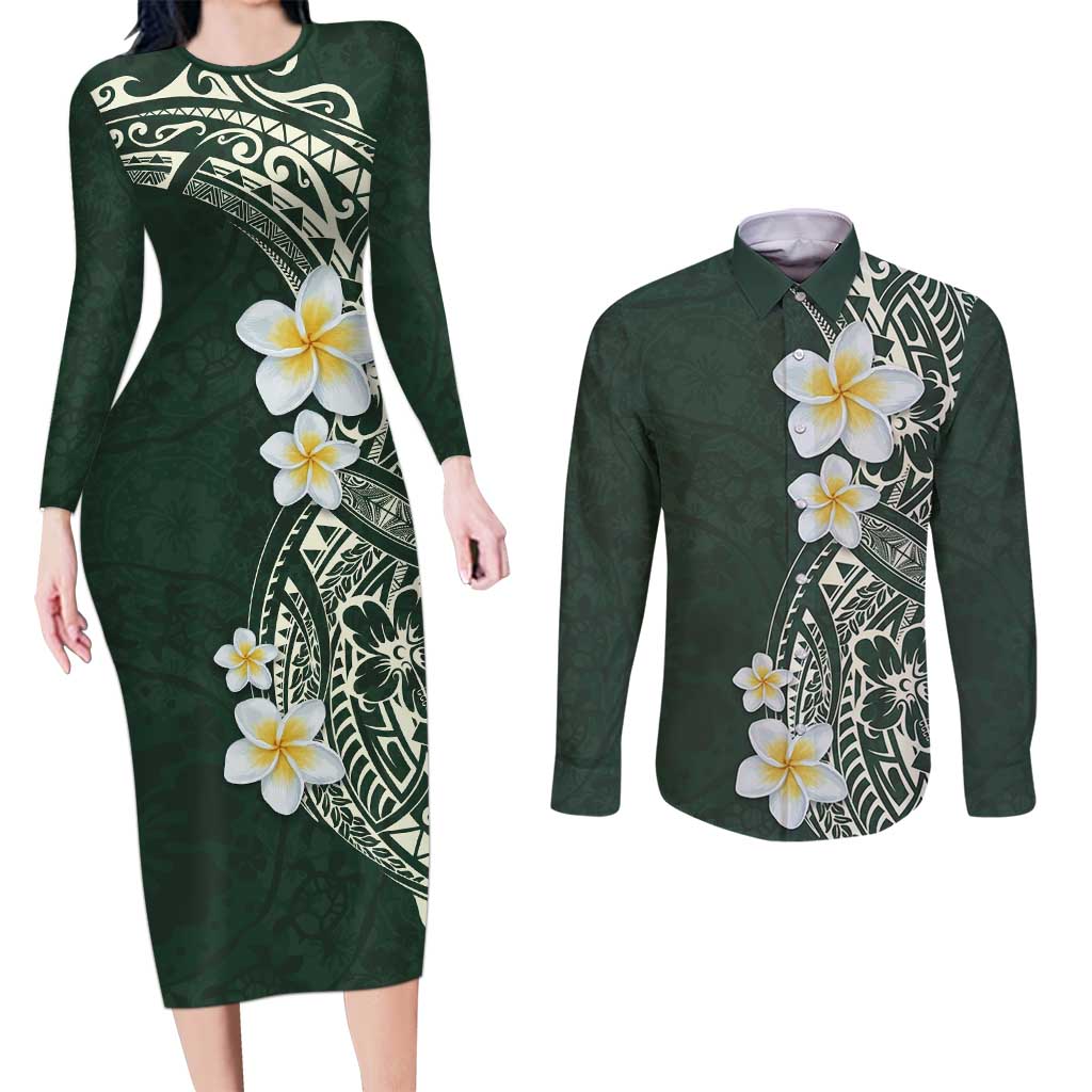 Plumeria Couples Matching Long Sleeve Bodycon Dress and Long Sleeve Button Shirt Polynesian Tribal Frangipani Green LT03 Green - Polynesian Pride