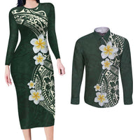 Plumeria Couples Matching Long Sleeve Bodycon Dress and Long Sleeve Button Shirt Polynesian Tribal Frangipani Green LT03 Green - Polynesian Pride