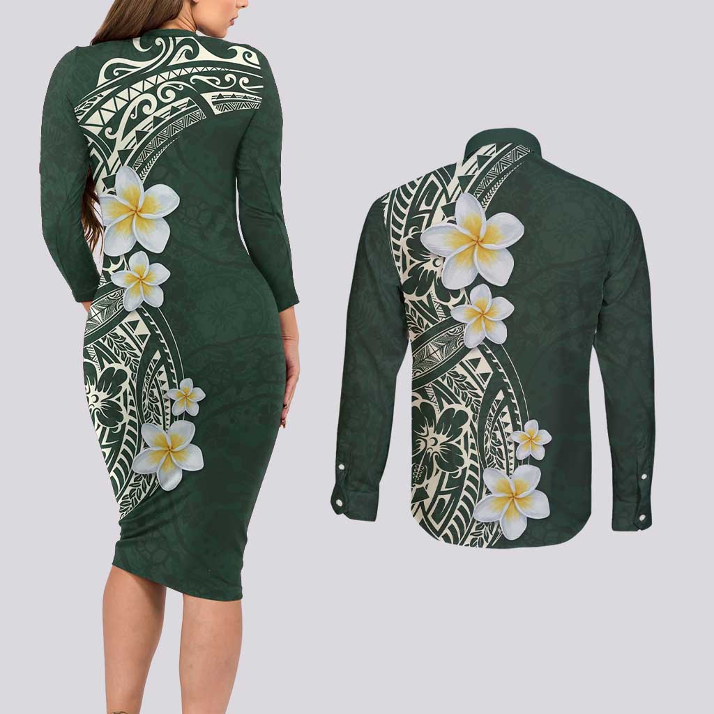 Plumeria Couples Matching Long Sleeve Bodycon Dress and Long Sleeve Button Shirt Polynesian Tribal Frangipani Green LT03 - Polynesian Pride