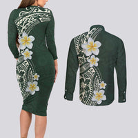 Plumeria Couples Matching Long Sleeve Bodycon Dress and Long Sleeve Button Shirt Polynesian Tribal Frangipani Green LT03 - Polynesian Pride