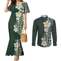 Plumeria Couples Matching Mermaid Dress and Long Sleeve Button Shirt Polynesian Tribal Frangipani Green LT03 Green - Polynesian Pride