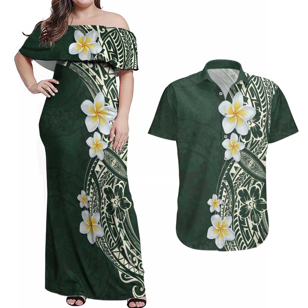 Plumeria Couples Matching Off Shoulder Maxi Dress and Hawaiian Shirt Polynesian Tribal Frangipani Green LT03 Green - Polynesian Pride
