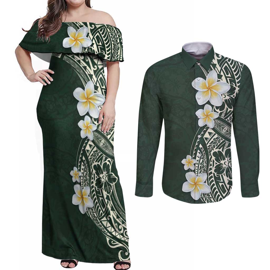 Plumeria Couples Matching Off Shoulder Maxi Dress and Long Sleeve Button Shirt Polynesian Tribal Frangipani Green LT03 Green - Polynesian Pride