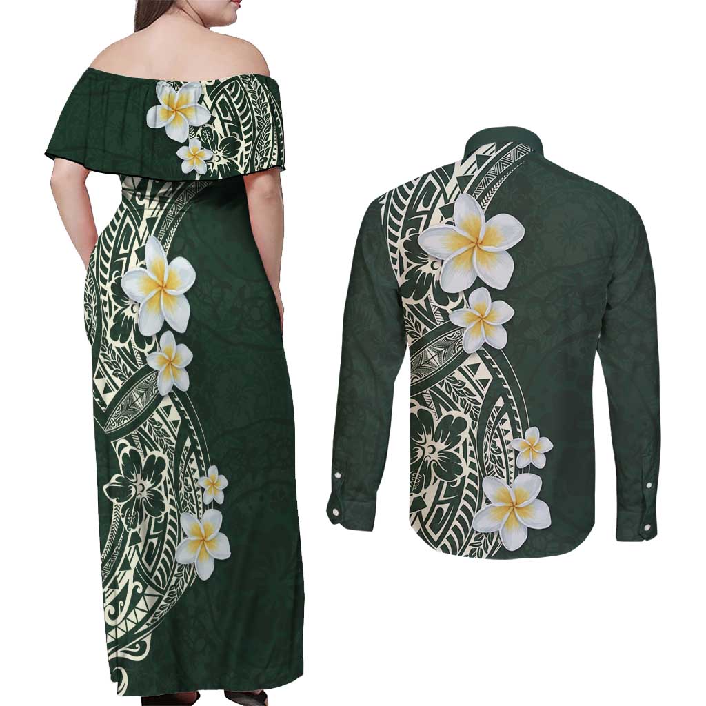 Plumeria Couples Matching Off Shoulder Maxi Dress and Long Sleeve Button Shirt Polynesian Tribal Frangipani Green LT03 - Polynesian Pride
