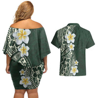 Plumeria Couples Matching Off Shoulder Short Dress and Hawaiian Shirt Polynesian Tribal Frangipani Green LT03 - Polynesian Pride