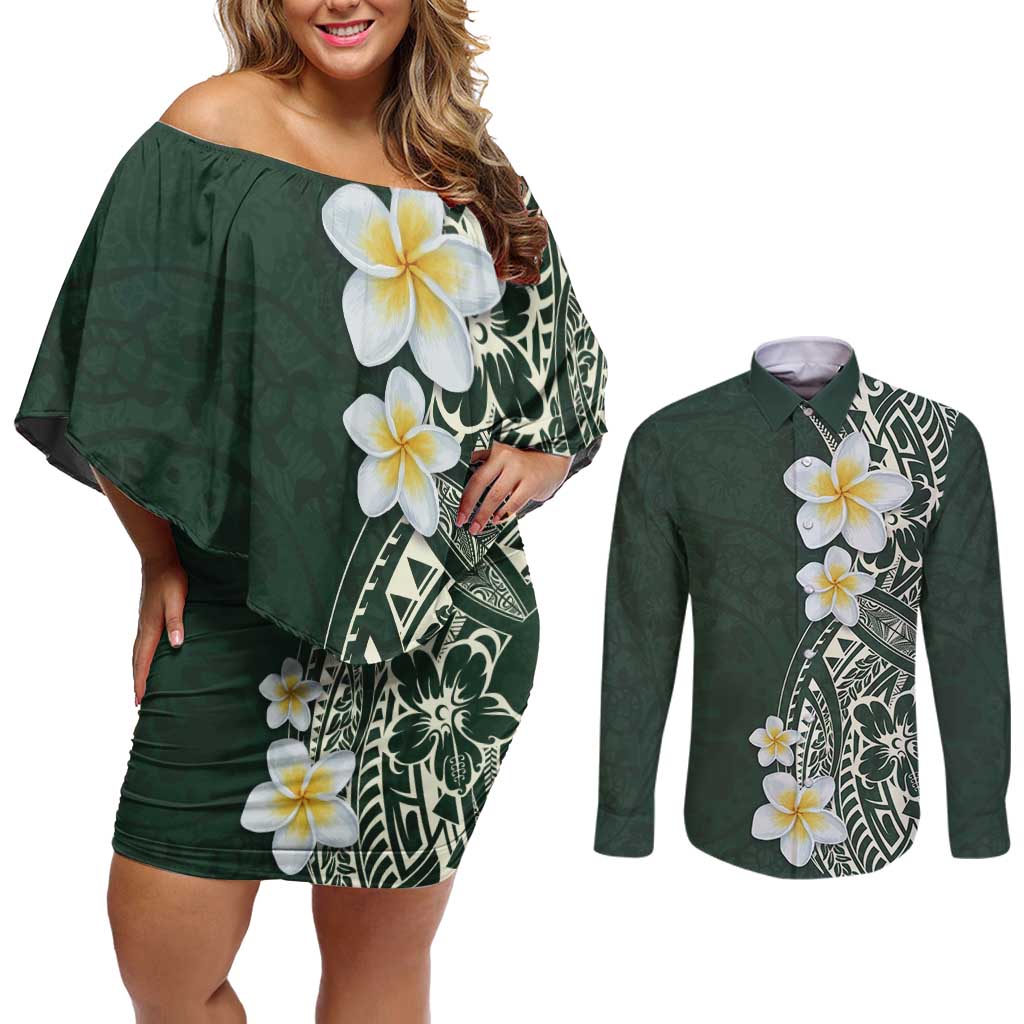 Plumeria Couples Matching Off Shoulder Short Dress and Long Sleeve Button Shirt Polynesian Tribal Frangipani Green LT03 Green - Polynesian Pride