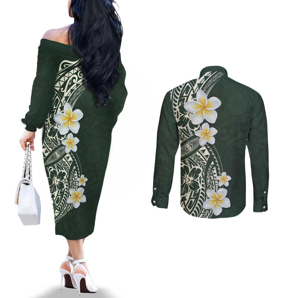 Plumeria Couples Matching Off The Shoulder Long Sleeve Dress and Long Sleeve Button Shirt Polynesian Tribal Frangipani Green LT03 - Polynesian Pride