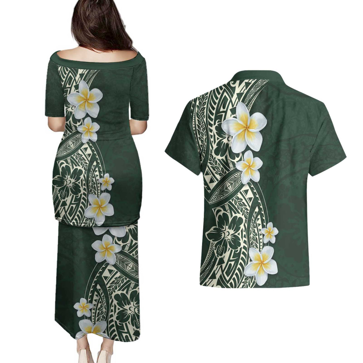 Plumeria Couples Matching Puletasi and Hawaiian Shirt Polynesian Tribal Frangipani Green LT03 - Polynesian Pride