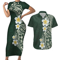 Plumeria Couples Matching Short Sleeve Bodycon Dress and Hawaiian Shirt Polynesian Tribal Frangipani Green LT03 Green - Polynesian Pride
