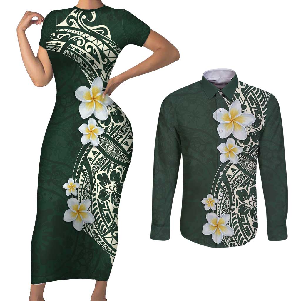 Plumeria Couples Matching Short Sleeve Bodycon Dress and Long Sleeve Button Shirt Polynesian Tribal Frangipani Green LT03 Green - Polynesian Pride