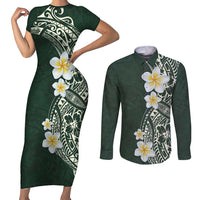 Plumeria Couples Matching Short Sleeve Bodycon Dress and Long Sleeve Button Shirt Polynesian Tribal Frangipani Green LT03 Green - Polynesian Pride