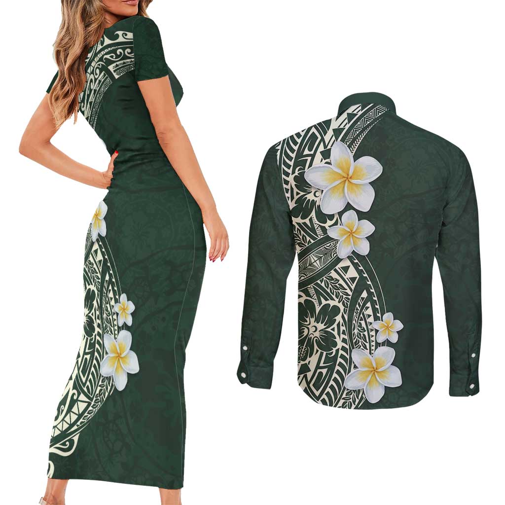 Plumeria Couples Matching Short Sleeve Bodycon Dress and Long Sleeve Button Shirt Polynesian Tribal Frangipani Green LT03 - Polynesian Pride