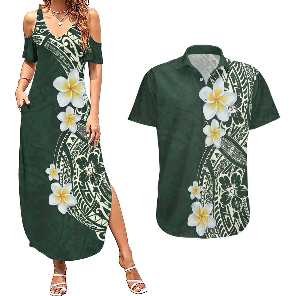 Plumeria Couples Matching Summer Maxi Dress and Hawaiian Shirt Polynesian Tribal Frangipani Green LT03 Green - Polynesian Pride