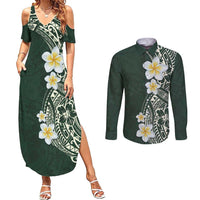 Plumeria Couples Matching Summer Maxi Dress and Long Sleeve Button Shirt Polynesian Tribal Frangipani Green LT03 Green - Polynesian Pride
