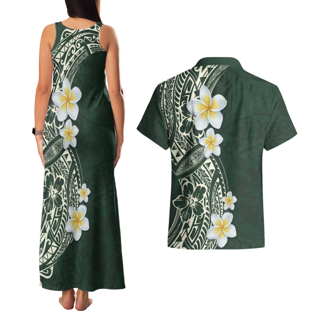 Plumeria Couples Matching Tank Maxi Dress and Hawaiian Shirt Polynesian Tribal Frangipani Green LT03 - Polynesian Pride