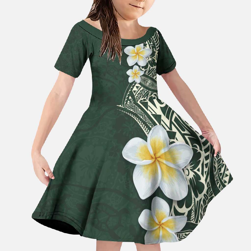 Plumeria Family Matching Long Sleeve Bodycon Dress and Hawaiian Shirt Polynesian Tribal Frangipani Green LT03 Daughter's Dress Green - Polynesian Pride