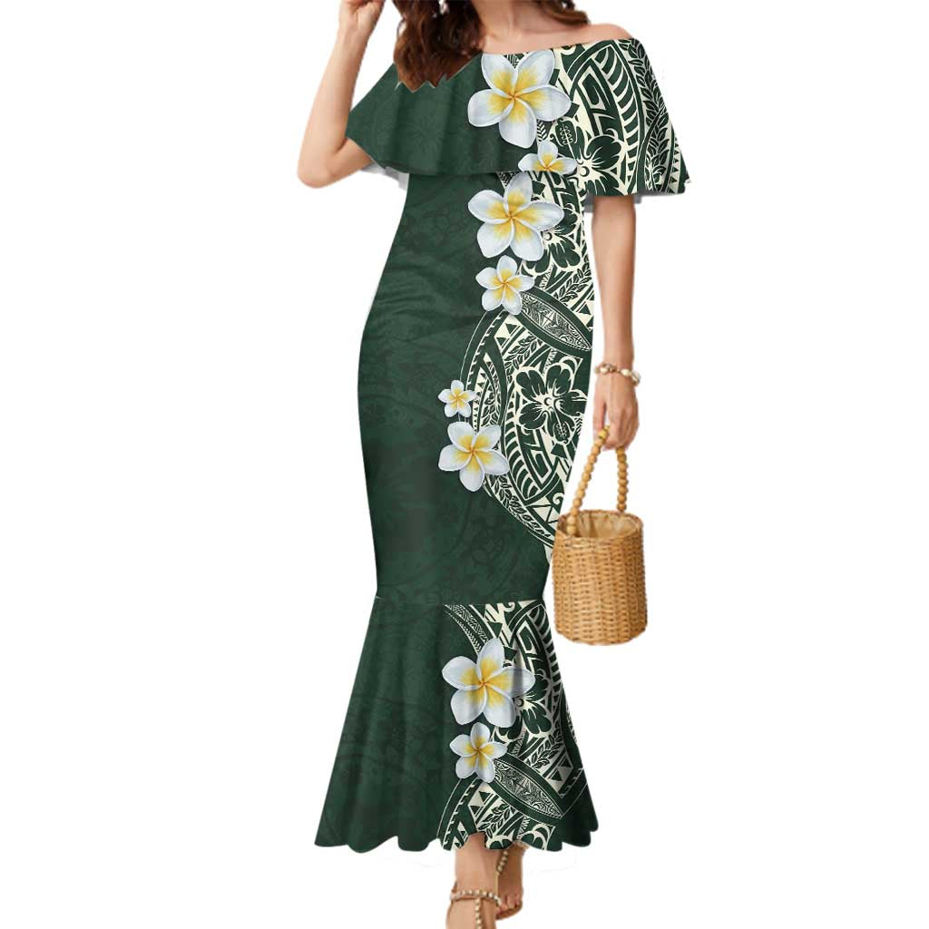 Plumeria Family Matching Mermaid Dress and Hawaiian Shirt Polynesian Tribal Frangipani Green LT03 Mom's Dress Green - Polynesian Pride