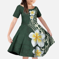 Plumeria Family Matching Off The Shoulder Long Sleeve Dress and Hawaiian Shirt Polynesian Tribal Frangipani Green LT03 Daughter's Dress Green - Polynesian Pride