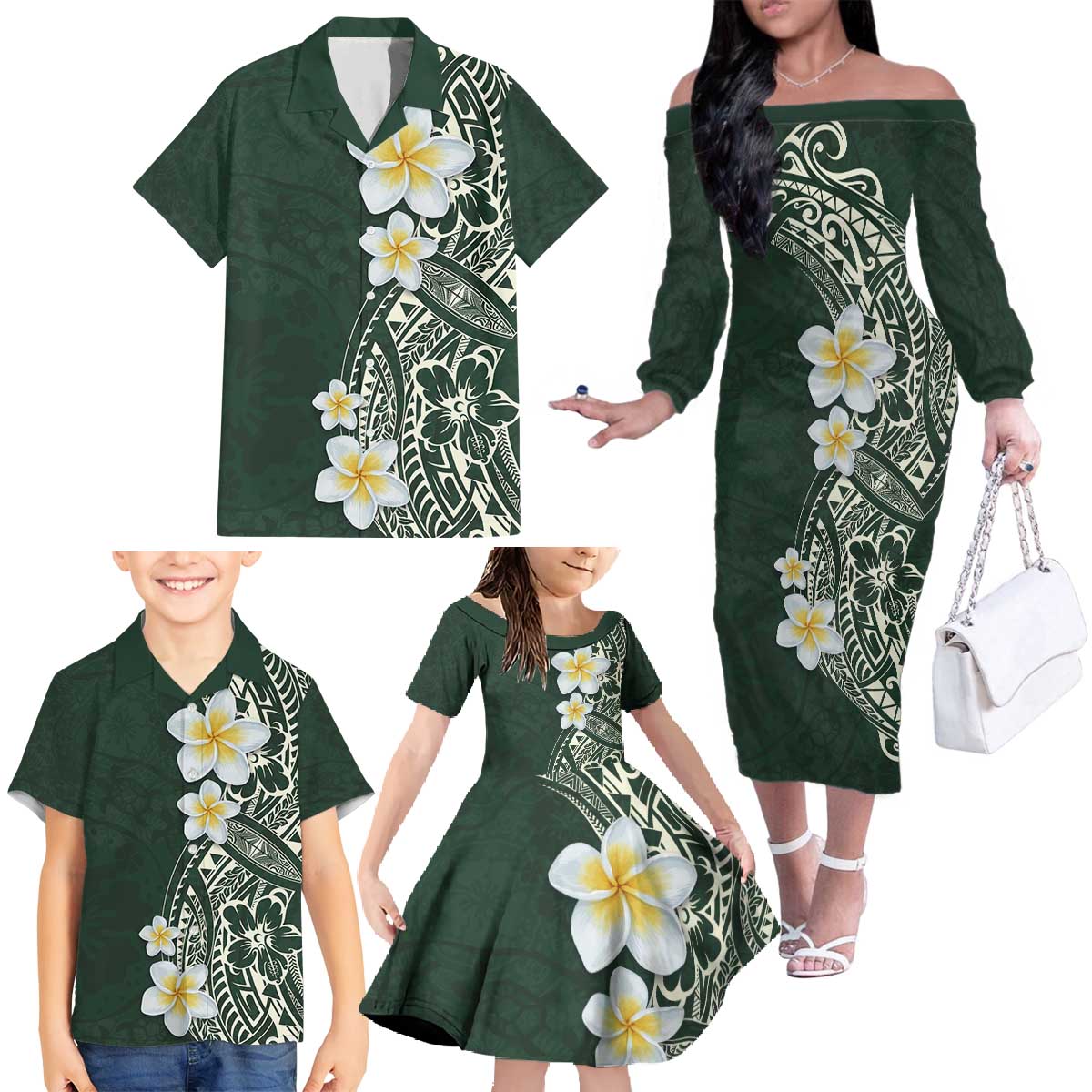 Plumeria Family Matching Off The Shoulder Long Sleeve Dress and Hawaiian Shirt Polynesian Tribal Frangipani Green LT03 - Polynesian Pride