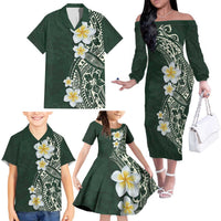 Plumeria Family Matching Off The Shoulder Long Sleeve Dress and Hawaiian Shirt Polynesian Tribal Frangipani Green LT03 - Polynesian Pride