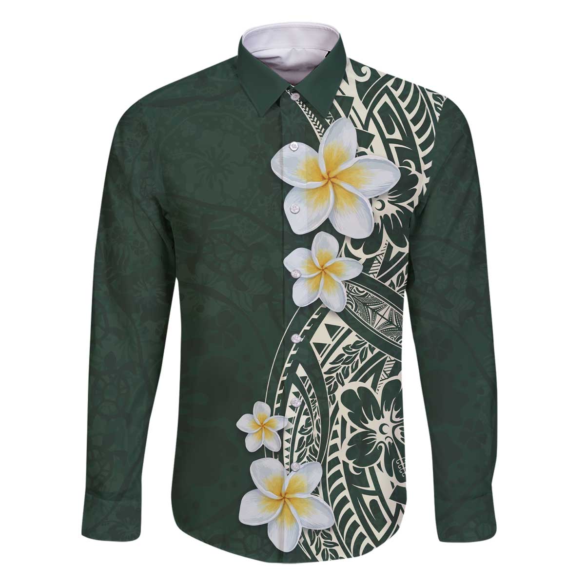 Plumeria Family Matching Off The Shoulder Long Sleeve Dress and Hawaiian Shirt Polynesian Tribal Frangipani Green LT03 Dad's Shirt - Long Sleeve Green - Polynesian Pride
